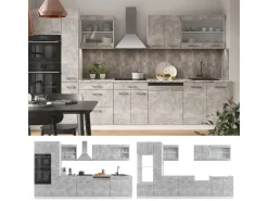 Einbauküchen<Vicco R-Line Küche Beton/Weiß 350 cm mit HochschrankAP Marmor ohne E-Geräte