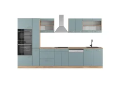 Vicco R-Line Küche Blau-Grau/Goldkraft Eiche 350 cm mit HochschrankAP Eiche ohne E-Geräte< Einbauküchen