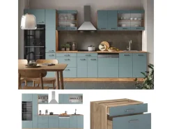Hot Vicco R-Line Küche Blau-Grau/Goldkraft Eiche 350 cm mit Hochschrankohne Arbeitsplatte ohne E-Geräte Blaugrau