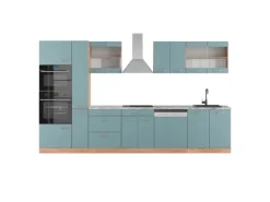 Vicco R-Line Küche Blau-Grau/Goldkraft Eiche 350 cm mit HochschrankAP Marmor ohne E-Geräte< Einbauküchen