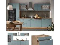 Vicco R-Line Küche Blau-Grau/Goldkraft Eiche 350 cm mit HochschrankAP Marmor ohne E-Geräte< Einbauküchen
