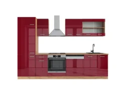 Vicco R-Line Küche Bordeaux Hochglanz/Goldkraft Eiche 300 cm ohne Arbeitsplatte ohne E-Geräte< Einbauküchen