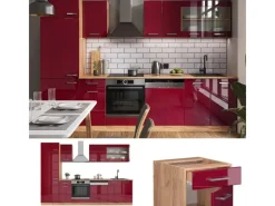 Vicco R-Line Küche Bordeaux Hochglanz/Goldkraft Eiche 300 cm ohne Arbeitsplatte ohne E-Geräte< Einbauküchen