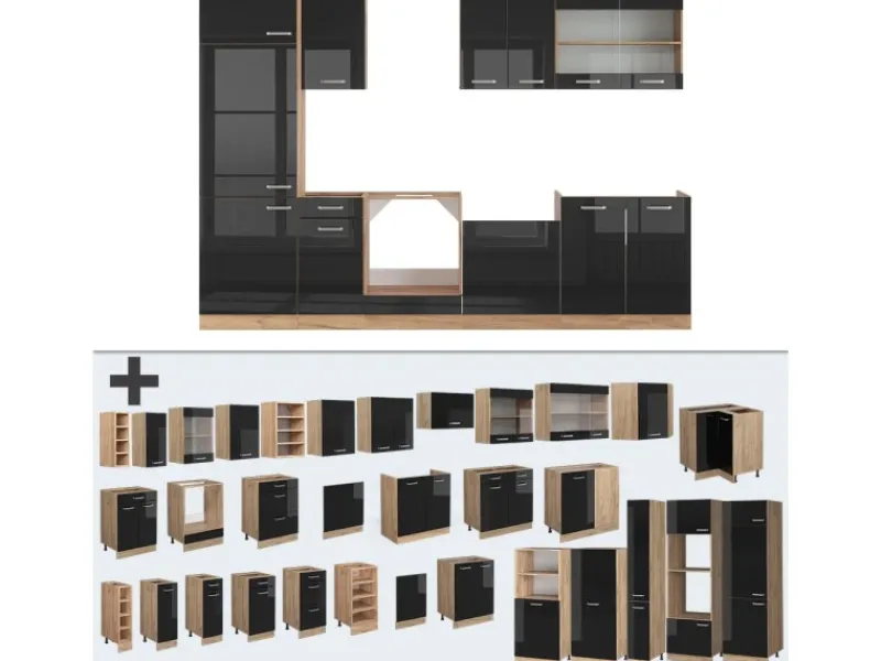 Vicco R-Line Küche /Goldkraft Eiche 300 cm ohne Arbeitsplatte ohne E-Geräte< Kühlschränke