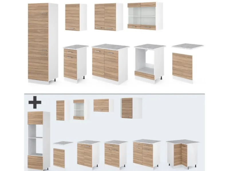 Outlet Vicco R-Line Küche Sonoma 300 cm AP Marmor ohne E-Geräte Sonoma Eiche