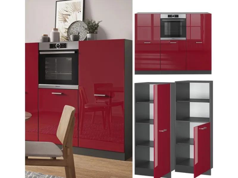 Herde|Kühlschränke<Vicco R-Line Küchenblock Bordeaux Hochglanz/Anthrazit 180 cm ohne Arbeitsplatte ohne E-Geräte