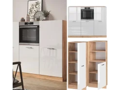Einbauküchen<Vicco R-Line Küchenblock Weiß Hochglanz/Goldkraft Eiche 180 cm ohne Arbeitsplatte ohne E-Geräte