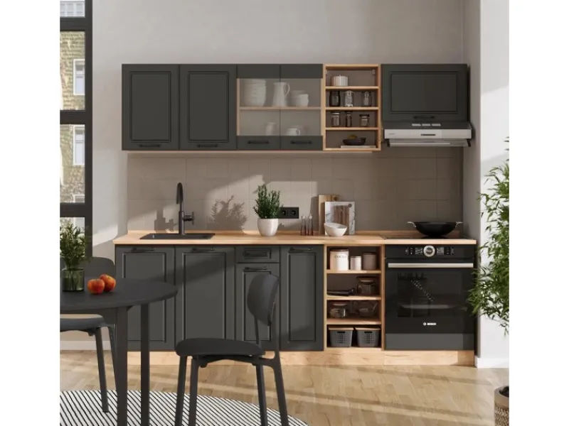 Vicco R-Line Küchenzeile Anthrazit Landhaus/Goldkraft Eiche 240 cm AP Marmor ohne E-Geräte< Einbauküchen
