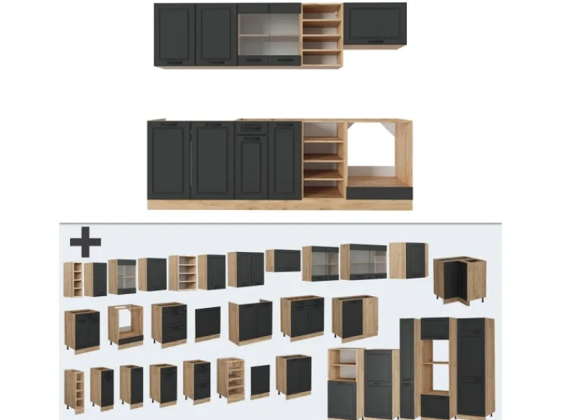 Vicco R-Line Küchenzeile Anthrazit Landhaus/Goldkraft Eiche 240 cm AP Marmor ohne E-Geräte< Einbauküchen