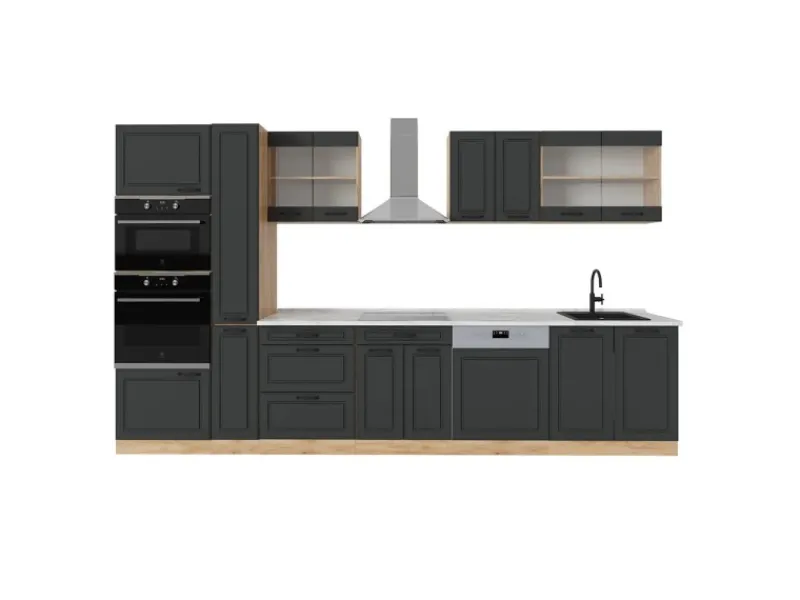 Vicco R-Line Küchenzeile Anthrazit Landhaus/Goldkraft Eiche 350 cm AP Marmor ohne E-Geräte< Einbauküchen