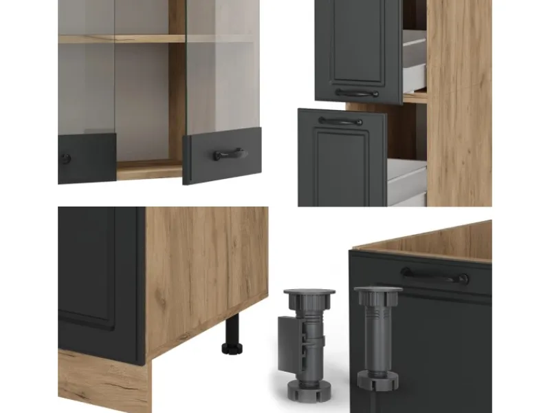 Vicco R-Line Küchenzeile Anthrazit Landhaus/Goldkraft Eiche 350 cm AP Marmor ohne E-Geräte< Einbauküchen