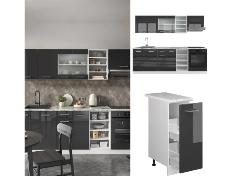 Einbauküchen<Vicco R-Line Küchenzeile /Weiß 240 cm AP Anthrazit ohne E-Geräte