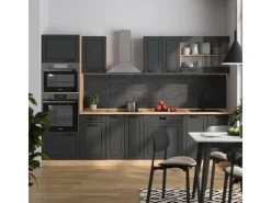 Einbauküchen<Vicco R-Line Küchenzeile Anthrazit Landhaus/Goldkraft Eiche 300 cm mit HochschrankAP Marmor ohne E-Geräte