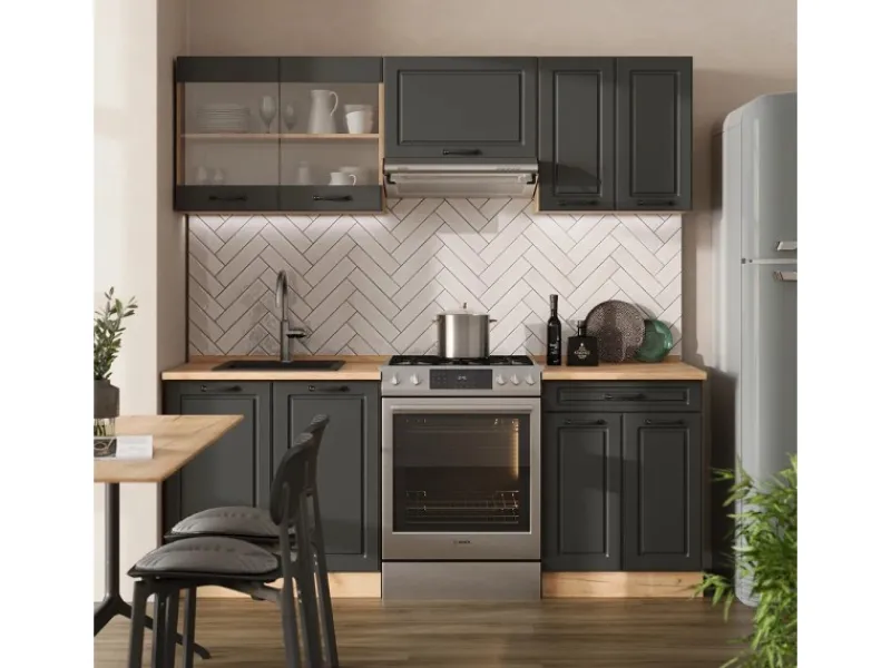 Vicco R-Line Küchenzeile Anthrazit Landhaus/Goldkraft Eiche 200 cm ohne Arbeitsplatte ohne E-Geräte< Einbauküchen