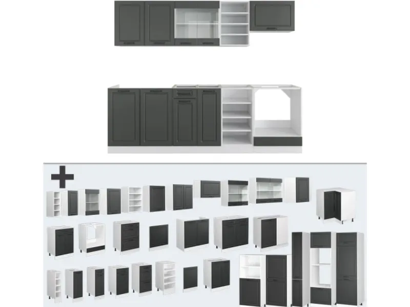 Einbauküchen<Vicco R-Line Küchenzeile Anthrazit Landhaus/Weiß 240 cm ohne Arbeitsplatte ohne E-Geräte