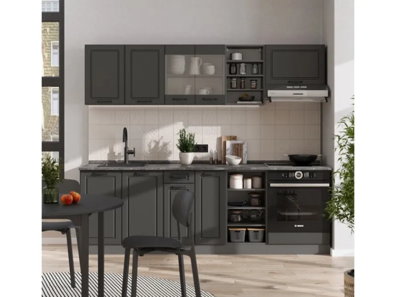 Einbauküchen<Vicco R-Line Küchenzeile Landhaus/ 240 cm AP Marmor ohne E-Geräte