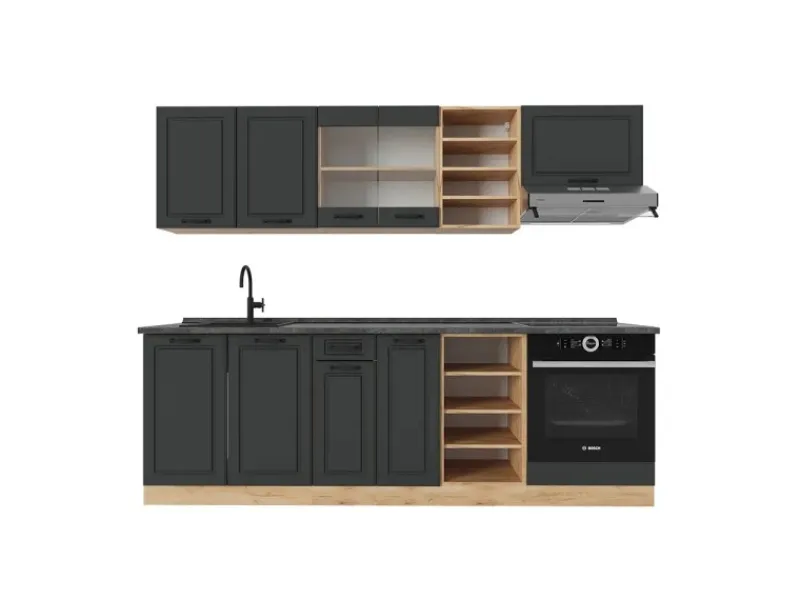 Vicco R-Line Küchenzeile Anthrazit Landhaus/Goldkraft Eiche 240 cm AP Anthrazit ohne E-Geräte< Einbauküchen