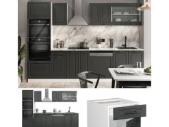 New Vicco R-Line Küchenzeile Anthrazit Landhaus/Weiß 300 cm mit HochschrankAP Marmor ohne E-Geräte Anthrazit Struktur
