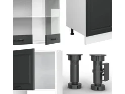 New Vicco R-Line Küchenzeile Anthrazit Landhaus/Weiß 300 cm mit HochschrankAP Marmor ohne E-Geräte Anthrazit Struktur