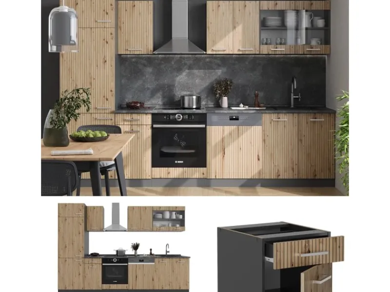 Vicco R-Line Küchenzeile Artisan Eiche/Anthrazit 300 cm AP Marmor ohne E-Geräte< Kochfelder|Kühlschränke