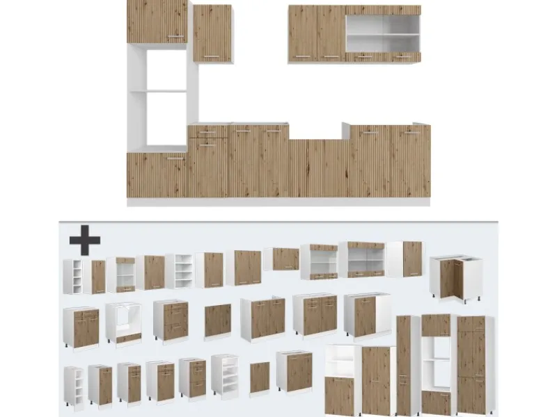 Outlet Vicco R-Line Küchenzeile /Weiß 300 cm mit HochschrankAP Eiche ohne E-Geräte Artisan Eiche