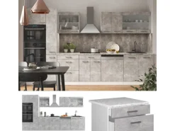 New Vicco R-Line Küchenzeile Beton/Weiß 350 cm mit Hochschrankohne Arbeitsplatte ohne E-Geräte Betongrau