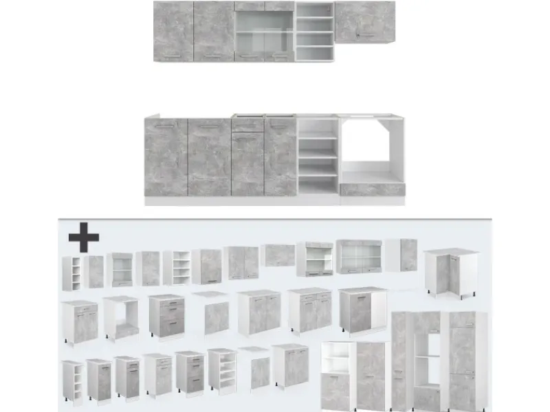 Online Vicco R-Line Küchenzeile Beton/Weiß 240 cm ohne Arbeitsplatte ohne E-Geräte Betongrau