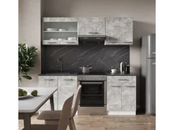 New Vicco R-Line Küchenzeile Beton/Weiß 200 cm AP Eiche ohne E-Geräte Betongrau