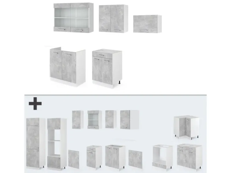 Kühlschränke|Herde<Vicco R-Line Küchenzeile Beton/Weiß 200 cm ohne Arbeitsplatte ohne E-Geräte