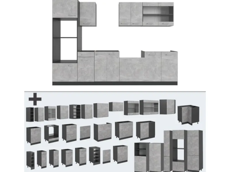 Vicco R-Line Küchenzeile /Anthrazit 300 cm mit HochschrankAP Marmor ohne E-Geräte< Einbauküchen