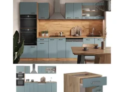 Vicco R-Line Küchenzeile Blau-Grau/Goldkraft Eiche 300 cm mit HochschrankAP Eiche ohne E-Geräte Blaugrau
