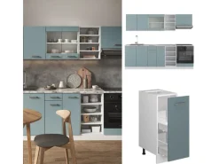 Vicco R-Line Küchenzeile Blau-Grau 240 cm AP Marmor ohne E-Geräte Blaugrau