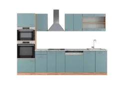 Single-Küchen|Einbauküchen<Vicco R-Line Küchenzeile Blau-Grau/Goldkraft Eiche 300 cm mit HochschrankAP Marmor ohne E-Geräte