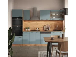 Single-Küchen|Einbauküchen<Vicco R-Line Küchenzeile Blau-Grau/Goldkraft Eiche 300 cm mit HochschrankAP Marmor ohne E-Geräte