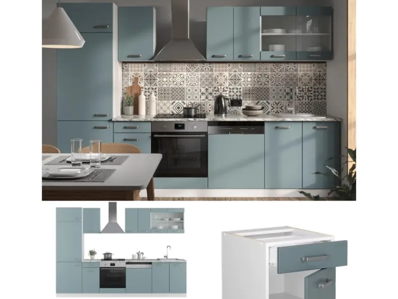 Einbauküchen<Vicco R-Line Küchenzeile Blau-Grau 300 cm AP Marmor ohne E-Geräte