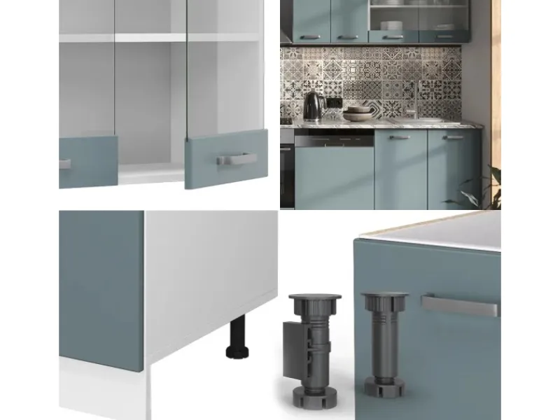 Einbauküchen<Vicco R-Line Küchenzeile Blau-Grau 300 cm AP Marmor ohne E-Geräte
