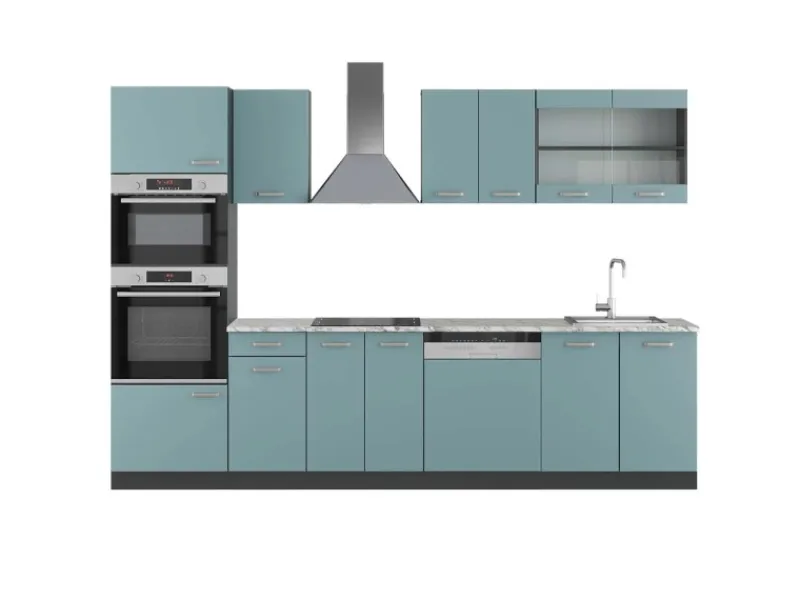 Clearance Vicco R-Line Küchenzeile Blau-Grau/Anthrazit 300 cm mit HochschrankAP Marmor ohne E-Geräte Blaugrau