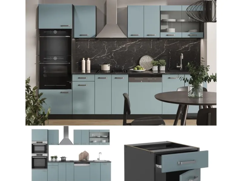 Clearance Vicco R-Line Küchenzeile Blau-Grau/Anthrazit 300 cm mit HochschrankAP Marmor ohne E-Geräte Blaugrau