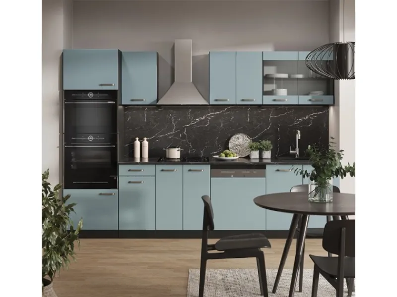 Clearance Vicco R-Line Küchenzeile Blau-Grau/Anthrazit 300 cm mit HochschrankAP Marmor ohne E-Geräte Blaugrau