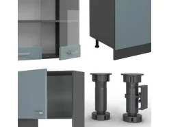 Clearance Vicco R-Line Küchenzeile Blau-Grau/Anthrazit 300 cm mit HochschrankAP Marmor ohne E-Geräte Blaugrau