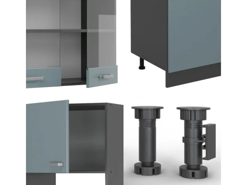 Clearance Vicco R-Line Küchenzeile Blau-Grau/Anthrazit 300 cm mit HochschrankAP Marmor ohne E-Geräte Blaugrau