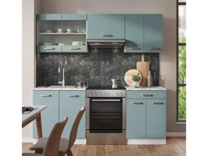 Vicco R-Line Küchenzeile Blau-Grau/Weiß 200 cm ohne Arbeitsplatte ohne E-Geräte< Einbauküchen