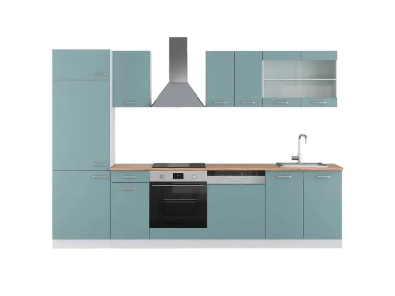 Clearance Vicco R-Line Küchenzeile Blau-Grau/Weiß 300 cm AP Eiche ohne E-Geräte Blaugrau