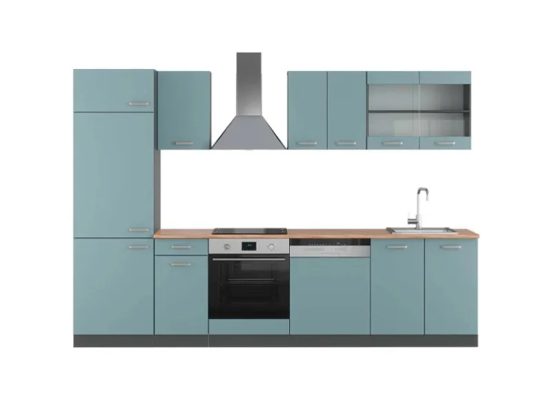 Einbauküchen<Vicco R-Line Küchenzeile Blau-Grau/Anthrazit 300 cm AP Eiche ohne E-Geräte