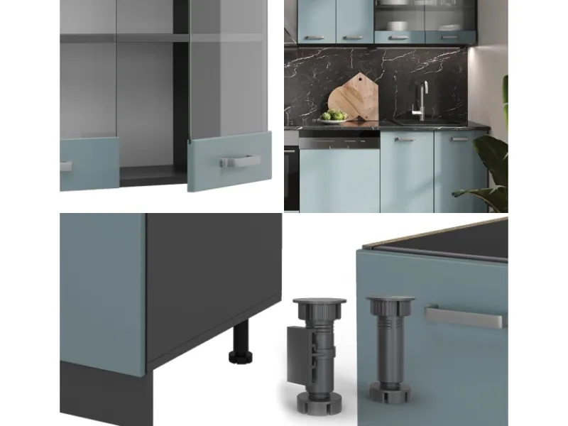 Einbauküchen<Vicco R-Line Küchenzeile Blau-Grau/Anthrazit 300 cm AP Eiche ohne E-Geräte