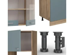 Vicco R-Line Küchenzeile Blau-Grau/Goldkraft Eiche 300 cm mit Hochschrankohne Arbeitsplatte ohne E-Geräte< Single-Küchen