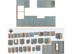 Vicco R-Line Küchenzeile Blau-Grau/Goldkraft Eiche 300 cm mit Hochschrankohne Arbeitsplatte ohne E-Geräte< Single-Küchen