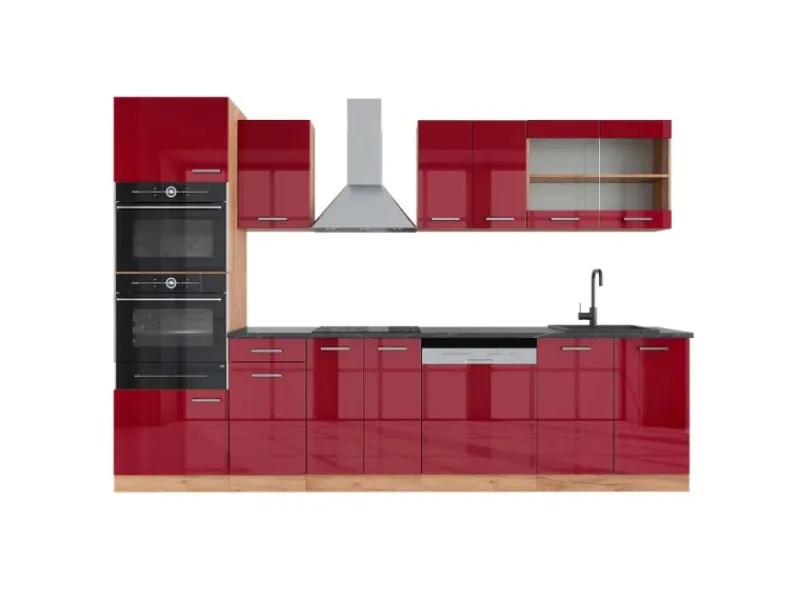 Vicco R-Line Küchenzeile Bordeaux Hochglanz/Goldkraft Eiche 300 cm mit HochschrankAP Anthrazit ohne E-Geräte< Einbauküchen