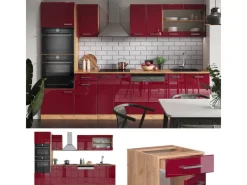 Vicco R-Line Küchenzeile Bordeaux Hochglanz/Goldkraft Eiche 300 cm mit HochschrankAP Anthrazit ohne E-Geräte< Einbauküchen