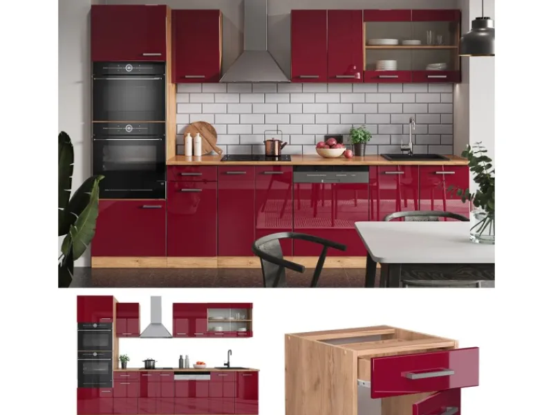Vicco R-Line Küchenzeile Bordeaux Hochglanz/Goldkraft Eiche 300 cm mit HochschrankAP Anthrazit ohne E-Geräte< Einbauküchen